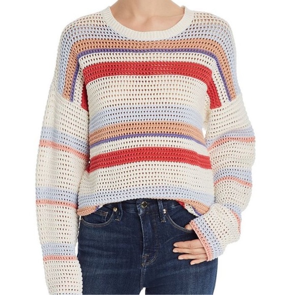 RTR Joie‎ Diza White Multicolor Striped Open Knit Long Sleeve Cropped Sweater L - Picture 1 of 8